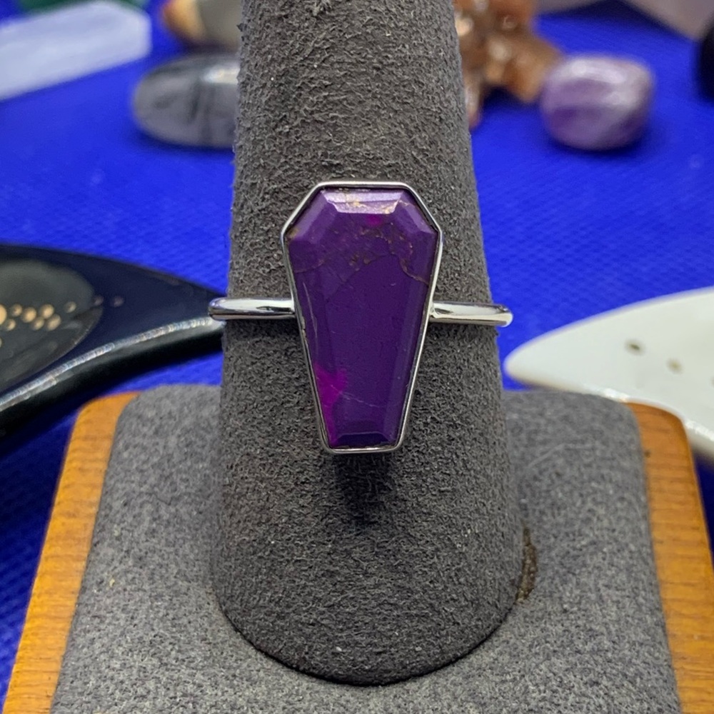 Purple Copper Turquoise Coffin Ring, .925 Solid Sterling Silver, Handmade, Sz 9